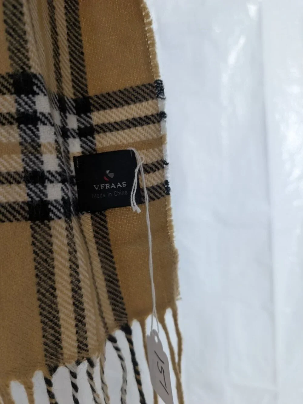 V. Fraas Beige Plaid Fringe Scarf Camel Black Red Tartan Wrap Shawl Unisex